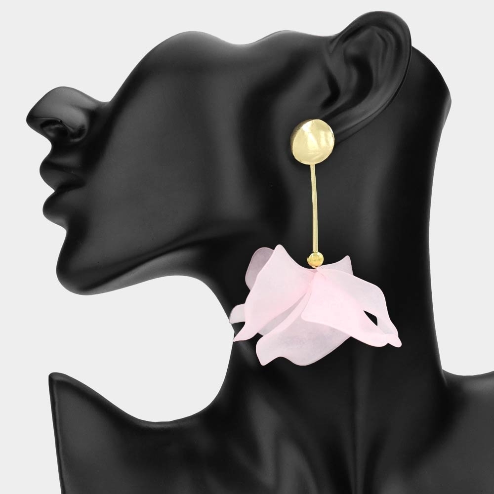 Pink Floral Petal Link Dangle Earrings 3.25 Inch Tear Drop Statement Jewelry